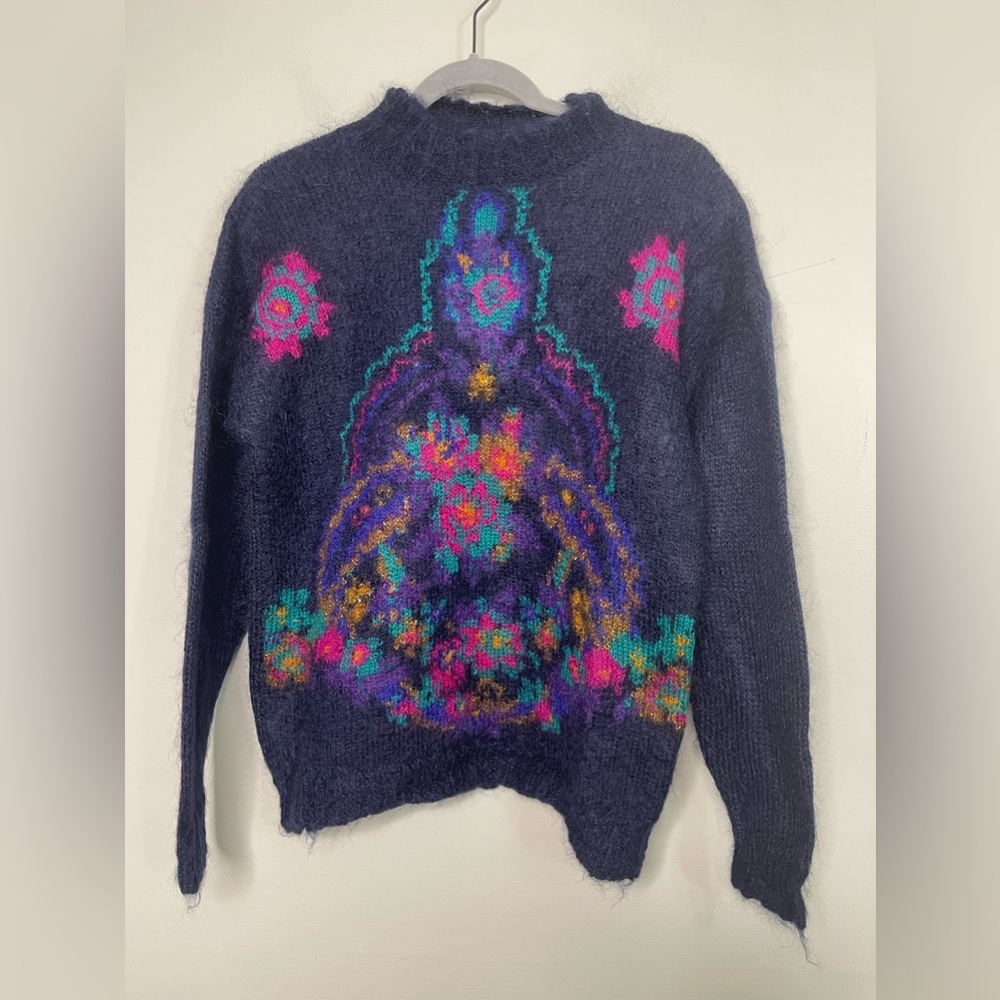 Michelle Stuart VTG Mohair Wool Blend MockNeck Floral Metallic Holiday Sweater S